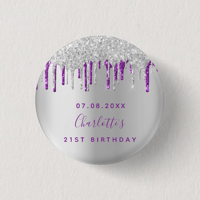 Birthday silver glitter purple custom monogram 3 cm round badge (Front)