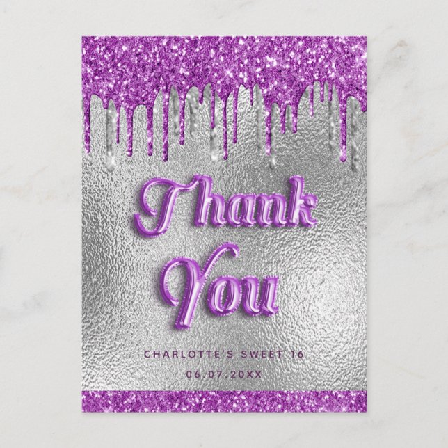Birthday silver glitter purple modern thank you postcard (Front)