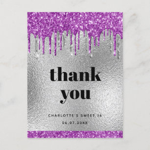 Birthday silver glitter purple modern thank you postcard