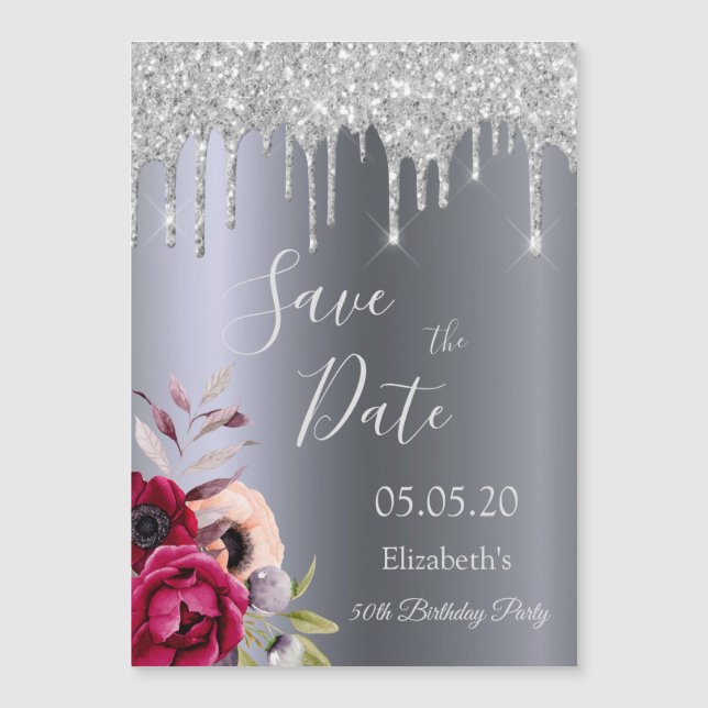 Birthday silver glitter Save the Date magnet (Front)