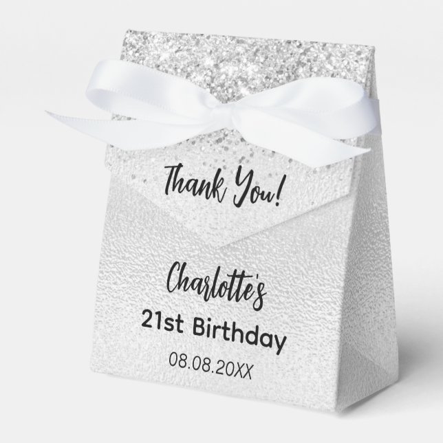 Birthday silver glitter script name thank you favour box (Front Side)