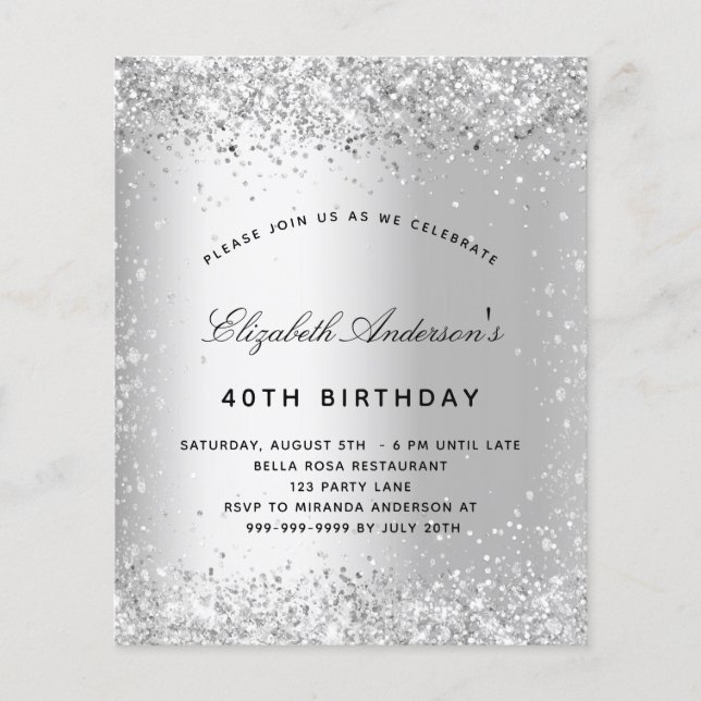 Birthday silver glitter sparkles budget invitation flyer (Front)