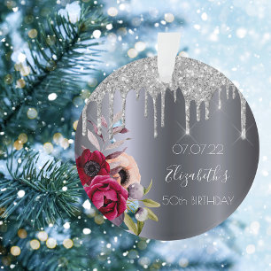 Birthday silver glitter sparkles floral burgundy ornament
