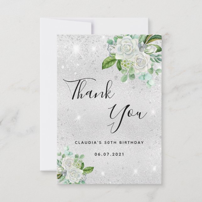 Birthday silver glitter white florals thank you card (Front)