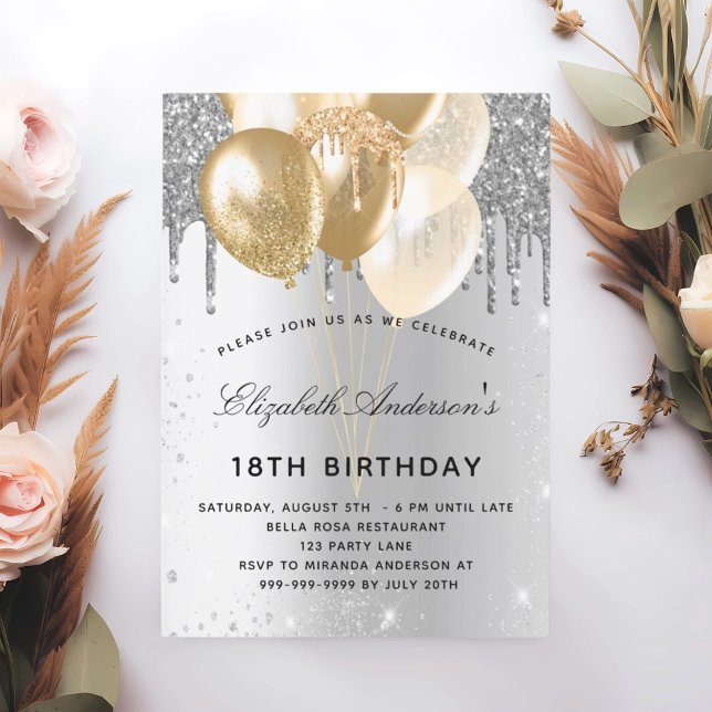 Birthday silver gold balloons invitation (Creator Uploaded)