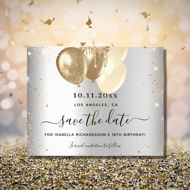 Birthday silver gold balloons save the date card (Creator Uploaded)