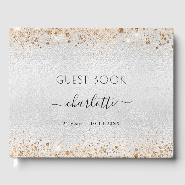 Birthday silver gold glitter name guest book (Front)
