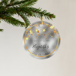 Birthday silver gold shiny stars friends ceramic ornament<br><div class="desc">A faux silver metallic looking background with golden stars dripping. A slim faux gold frame. On front: Personalise and add a date, a name and age. The name is written in black with a modern hand lettered style script. Back: the text "Happy Birthday" and your names. Perfect as 21st (or...</div>
