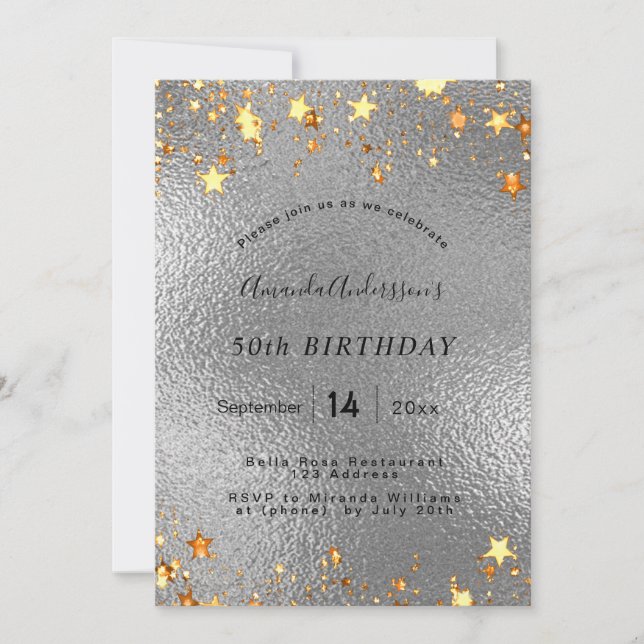 Birthday silver gold stars party invitation (Front)