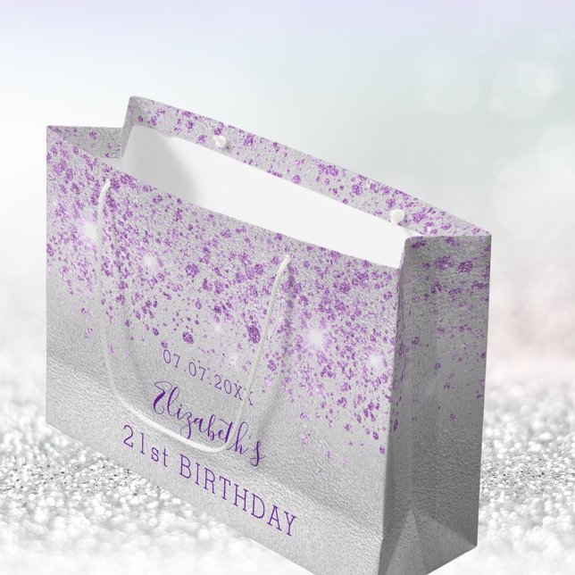 Birthday silver lavender glitter name large gift bag (Creator Uploaded)