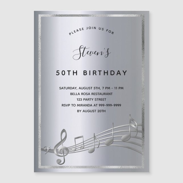 Birthday silver music notes invitation magnet (Front)