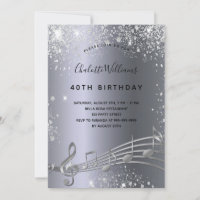 Birthday silver music notes metal glitter 40th