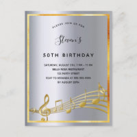 Birthday silver music notes metal invitation