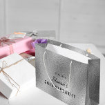 Birthday silver name modern minimalist large gift bag<br><div class="desc">A gift bag for a 50th (or any age) birthday.  A faux silver metallic looking background. Personalise and add a date,  name and year 50. The name is written in black with a modern hand lettered style script.</div>