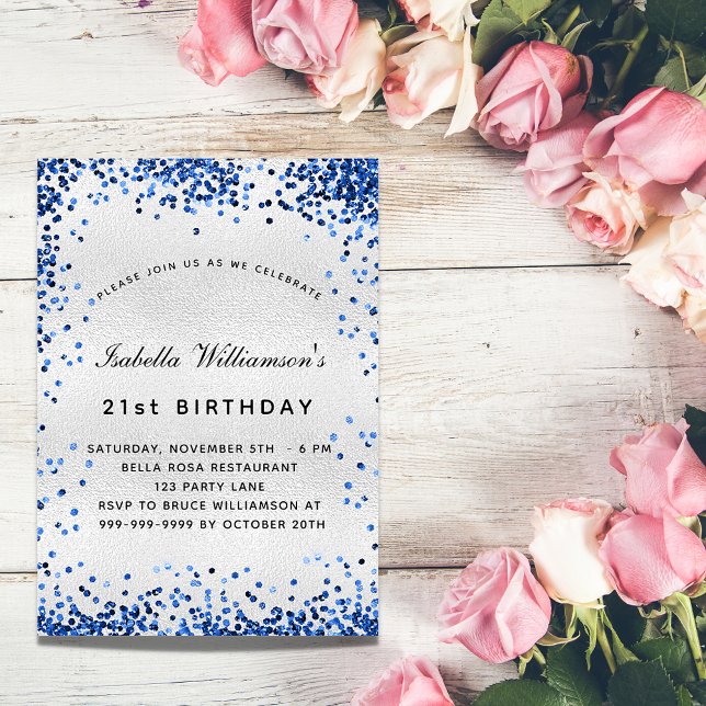 Birthday silver navy blue confetti invitation (Creator Uploaded)