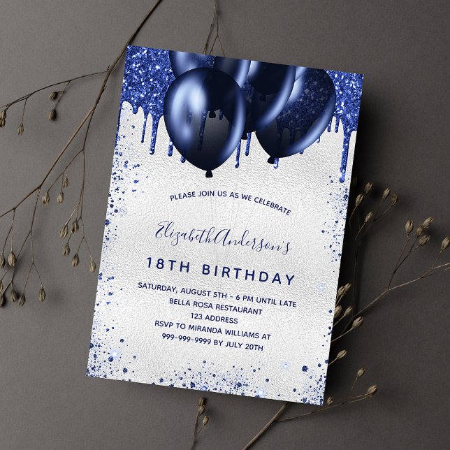 Birthday silver navy blue glitter drips balloons invitation (Creator Uploaded)