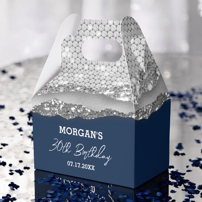 Birthday Silver Navy Blue Glitter Name Thank You Favour Box (Creator Uploaded)