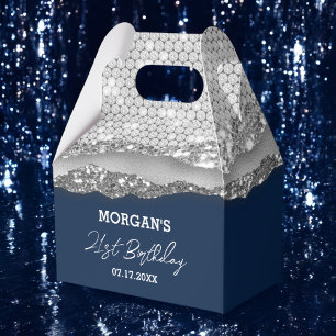 Birthday Silver Navy Blue Glitter Name Thank You Favour Box