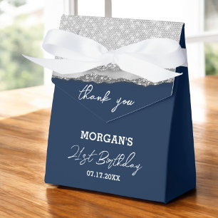 Birthday Silver Navy Blue Glitter Name Thank You Favour Box