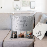 Birthday silver photo best friends cushion<br><div class="desc">A gift from friends for a woman's 21st birthday, celebrating her life with 3 of your photos of her, her friends, family, interest or pets. Personalise and add her name, age 21 and your names. Black coloured letters. A chic faux silver looking background colour. Her name is written with a...</div>