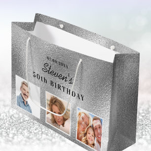 Birthday silver photo collage name  large gift bag