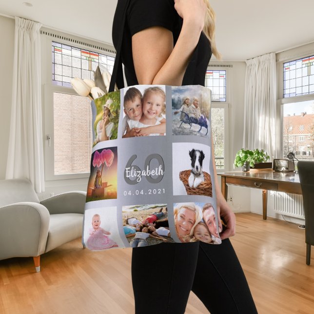 Birthday silver photo collage name tote bag (Creator Uploaded)