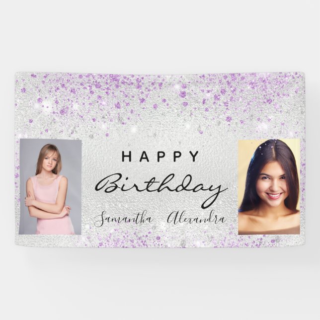 Birthday silver photo purple glitter friends twins banner (Horizontal)