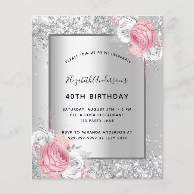 Birthday silver pink floral budget invitation (Front)