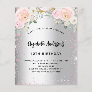 Birthday silver pink florals glitter invitation flyer