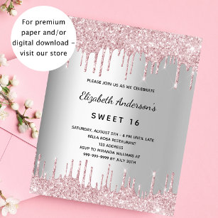 Birthday silver pink glitter budget invitation