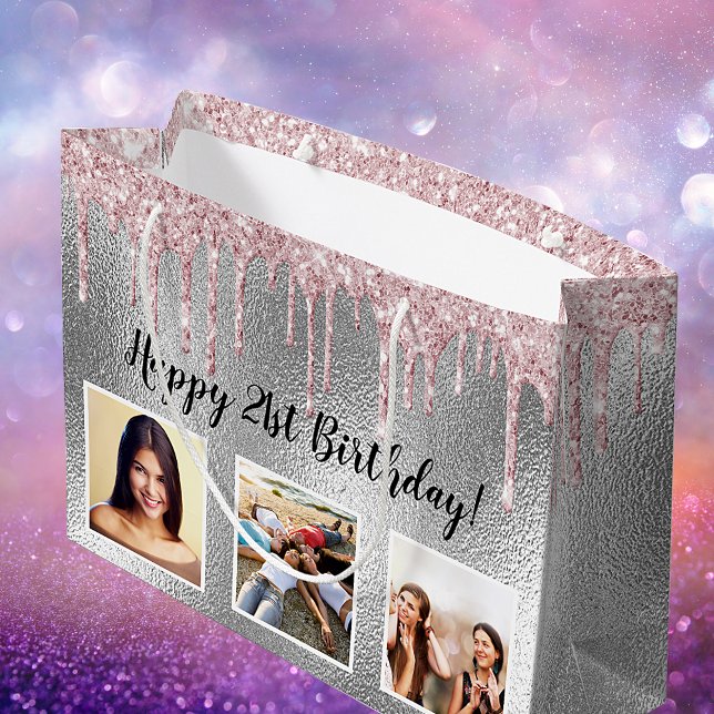 Birthday silver pink glitter drips custom photo large gift bag (Creator Uploaded)