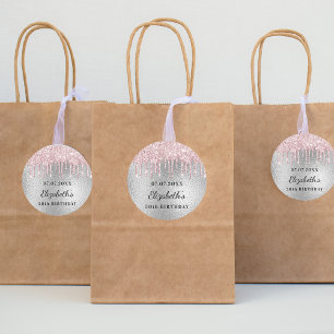 Birthday silver pink glitter drips name  classic round sticker