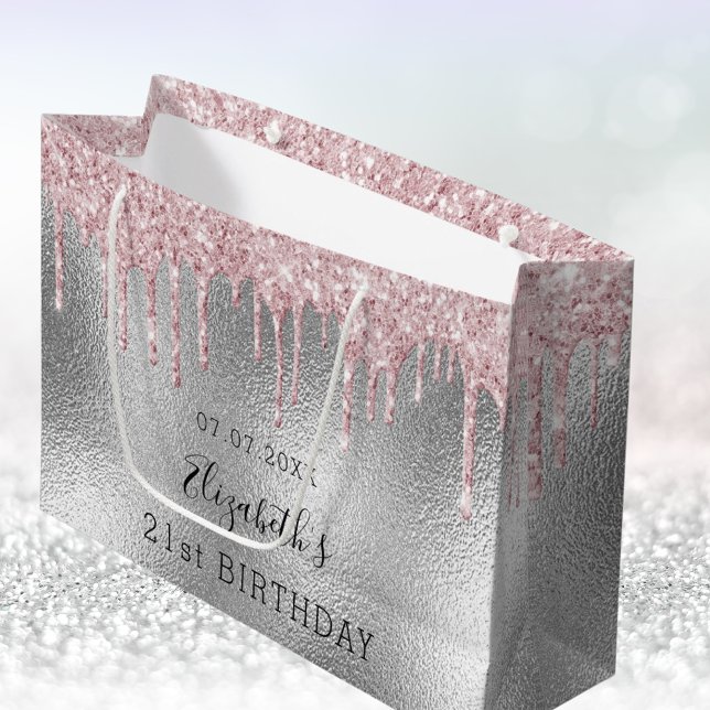 Birthday silver pink glitter drips name large gift bag (Creator Uploaded)