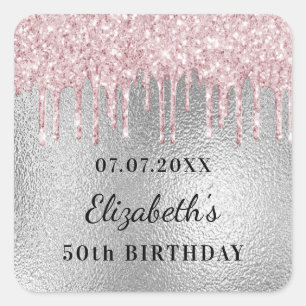 Birthday silver pink glitter drips name square sticker