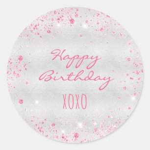 Birthday silver pink glitter dust hugs kisses classic round sticker