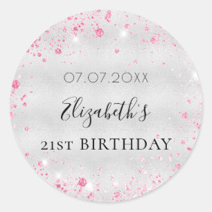 Birthday silver pink glitter dust name date classic round sticker