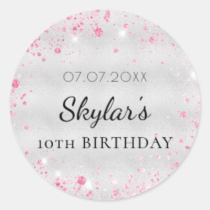 Birthday silver pink glitter girl classic round sticker