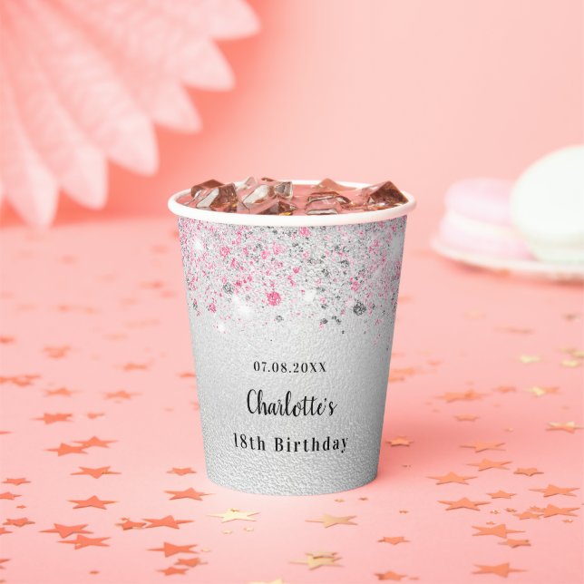 Birthday silver pink glitter name party paper cups (Insitu)