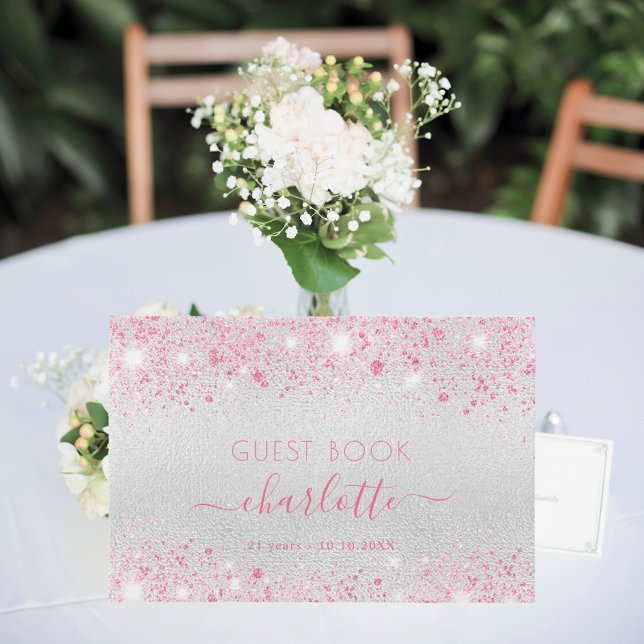 Birthday silver pink name guest book (Creator Uploaded)