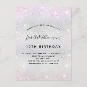 Birthday silver pink purple glitter dust girl invitation postcard