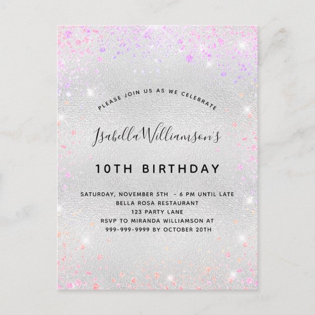 Birthday silver pink purple glitter dust girl invitation postcard (Front)