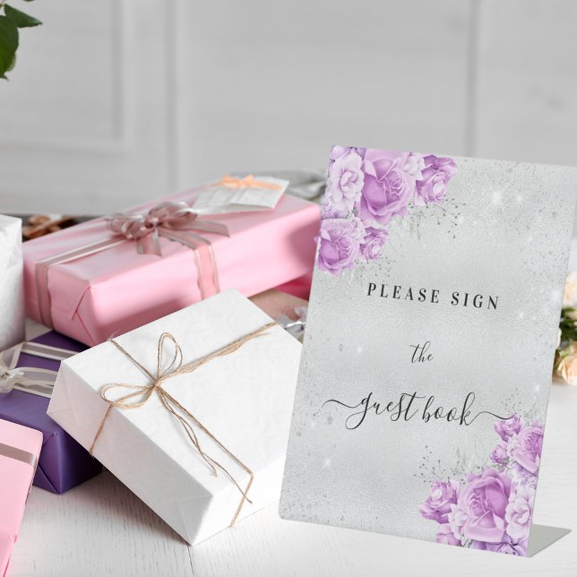 Birthday silver pink violet flowers guest book pedestal sign (Creator Uploaded)