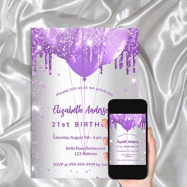 Birthday silver purple drips balloons invitation (Creator Uploaded)