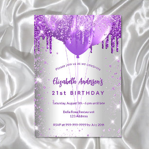 Birthday silver purple glitter balloons glamourous invitation postcard