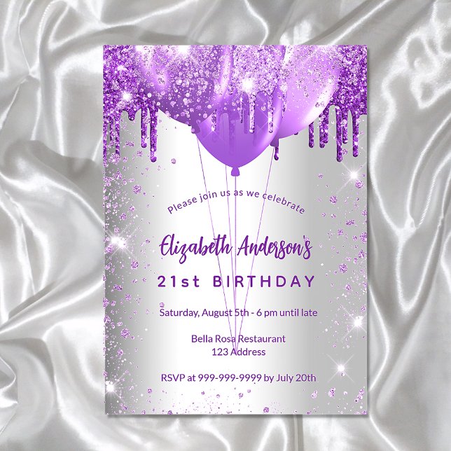 Birthday silver purple glitter balloons glamourous invitation postcard (Creator Uploaded)