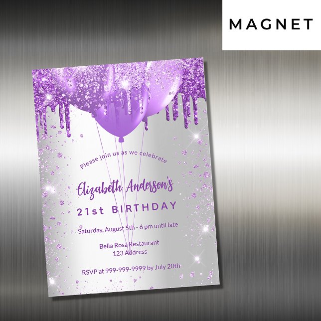 Birthday silver purple glitter balloons luxury magnetic invitation (Creator Uploaded)
