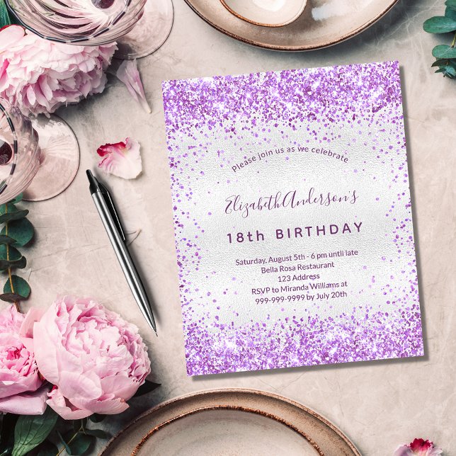Birthday silver purple glitter budget invitation flyer (Creator Uploaded)