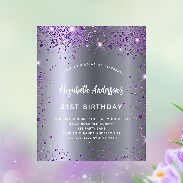 Birthday silver purple glitter budget invitation flyer (Creator Uploaded)