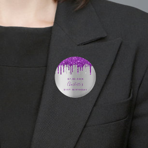 Birthday silver purple glitter custom monogram 3 cm round badge