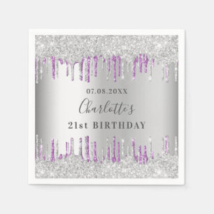 Birthday silver purple glitter drip monogram napkin